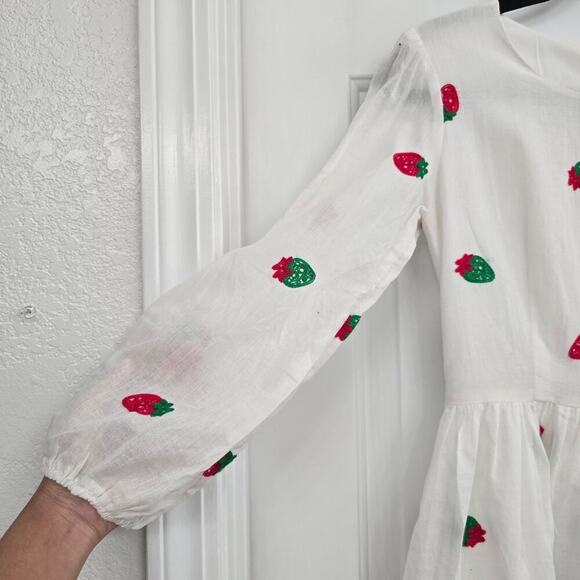 Womens White Linen Midi Strawberry Embroidered S Cottagecore Sundress PuffSleeve - Picture 4 of 11